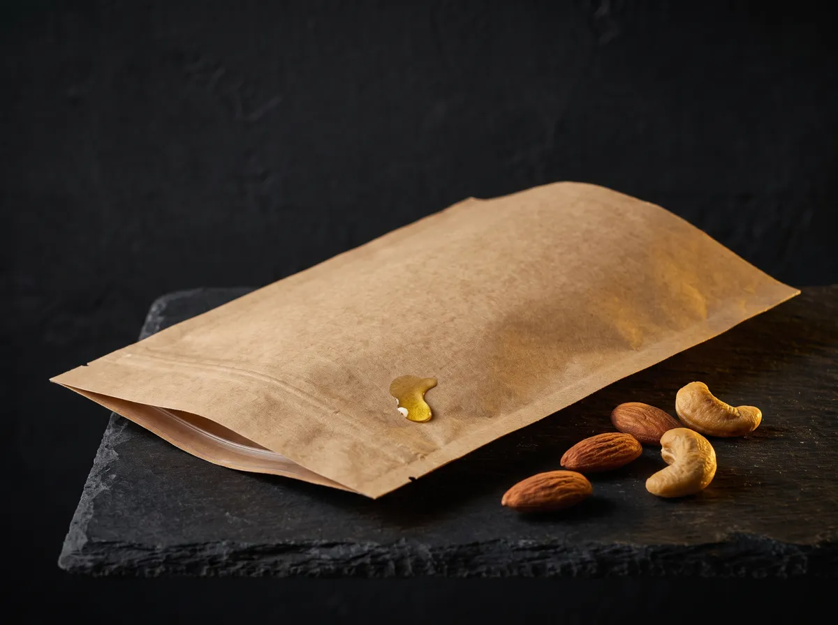 Embalagem de papel com barreira para alimentos sobre superfície escura.