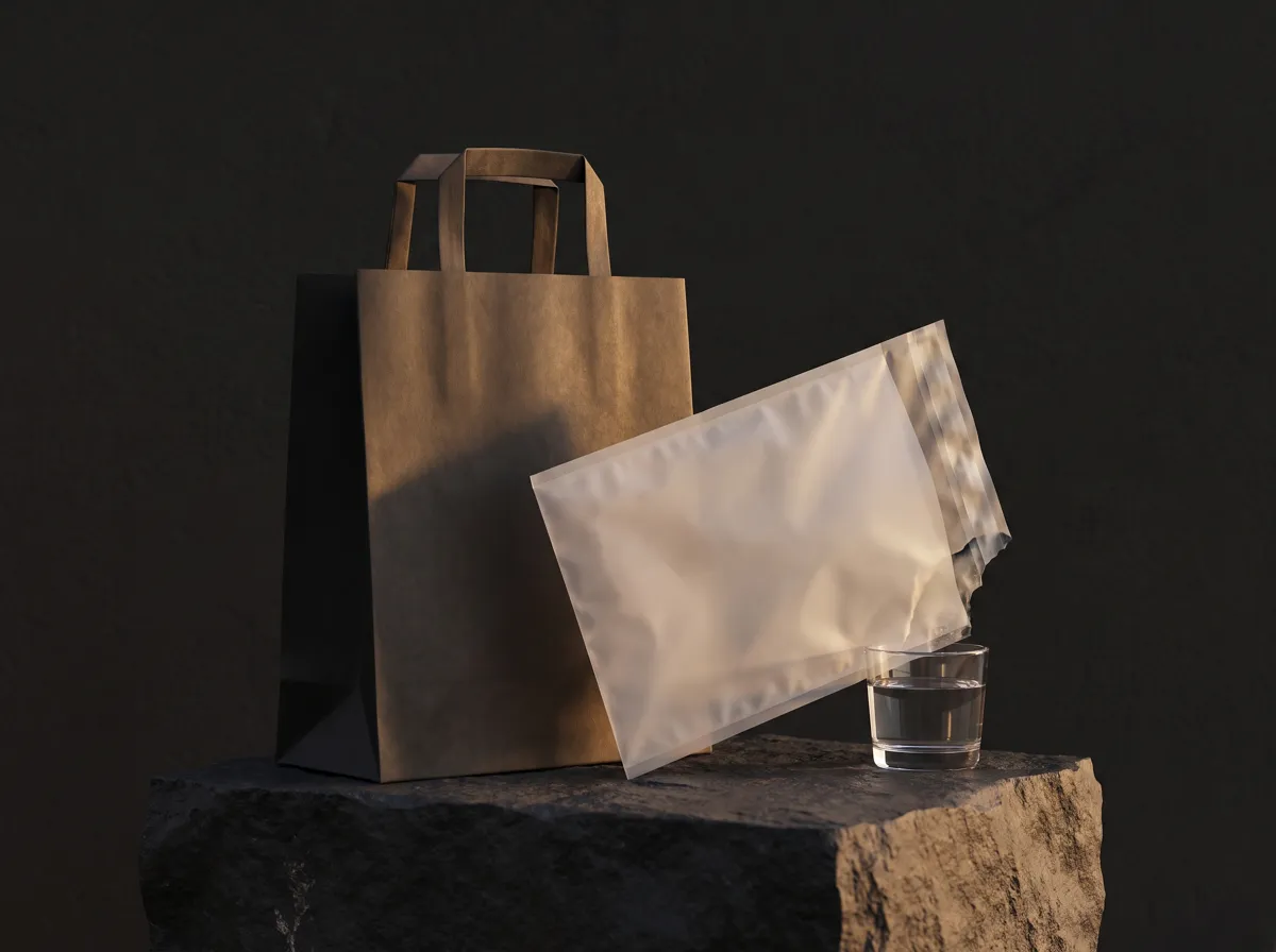 Sacola de papel e embalagem hidrossolúvel para varejo e e-commerce.